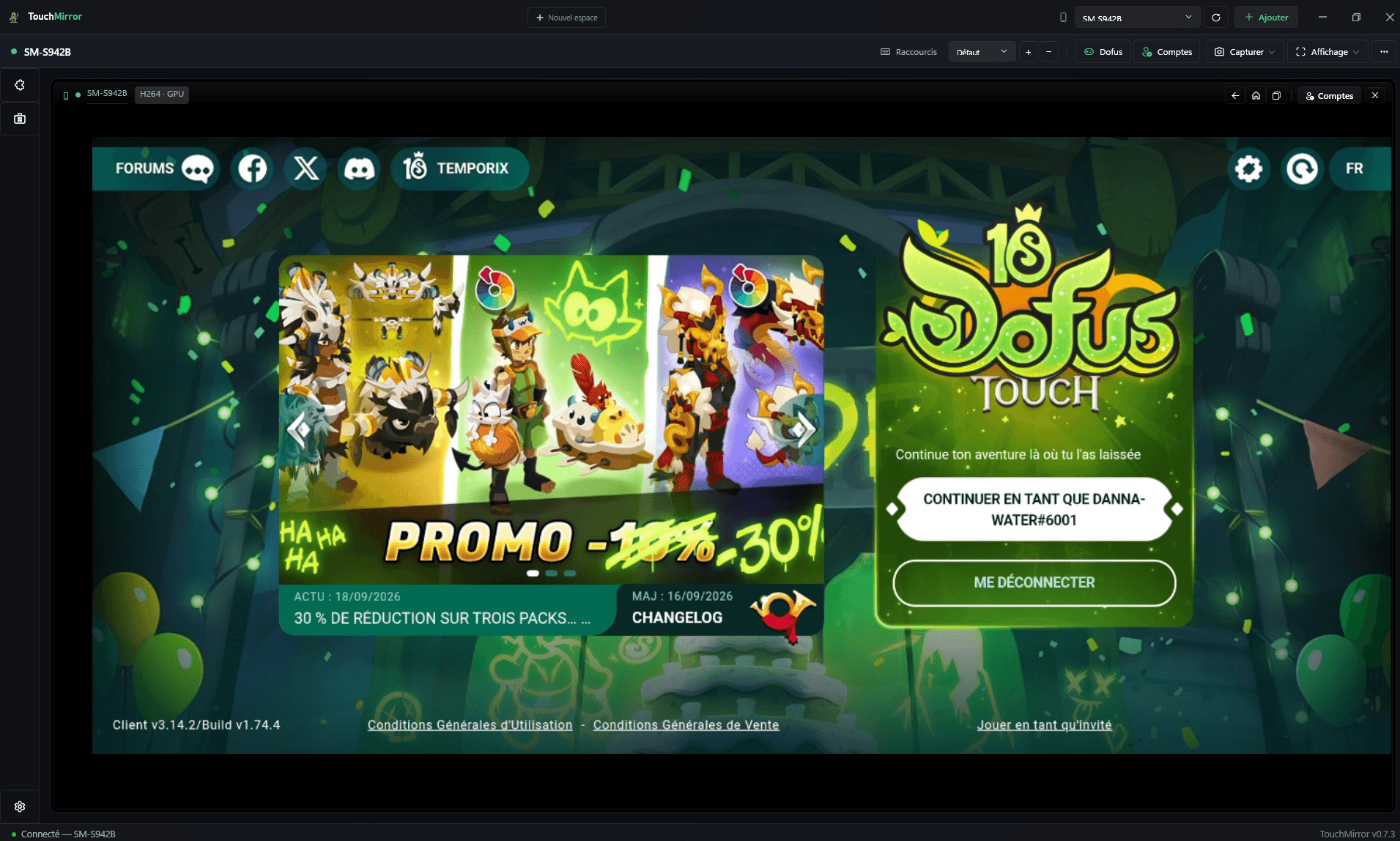 TouchMirror connecté à un appareil Android avec Dofus Touch affiché